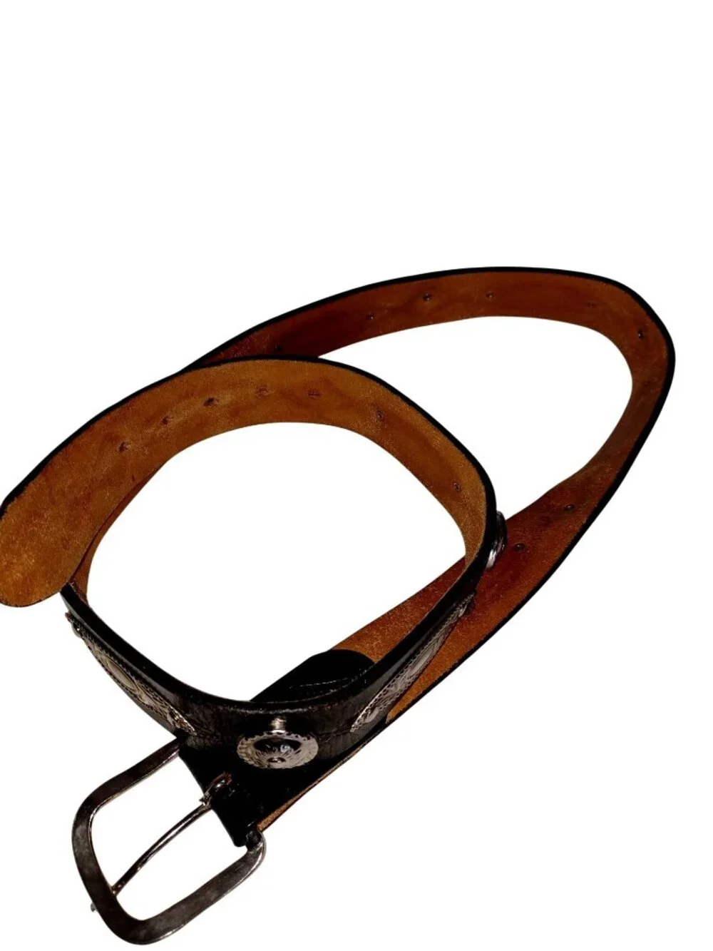 Western Concho Belt Black Leather Silver Buckle Cowboy Rockabilly Mens 40/42
